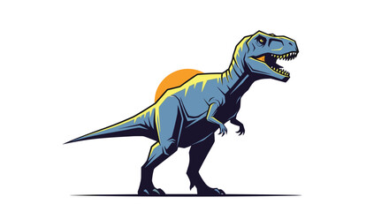 Powerful Tyrannosaurus Rex dinosaur roaring with a yellow sun in the background in a stylized vector art illustration.