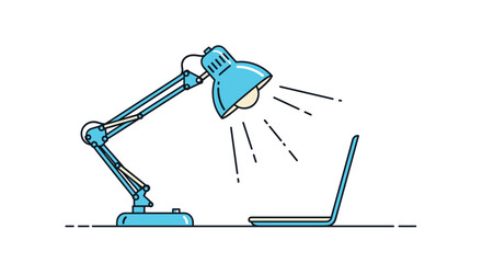 Line art illustration of a blue articulated desk lamp shining its light onto a closed laptop on a simple table surface.