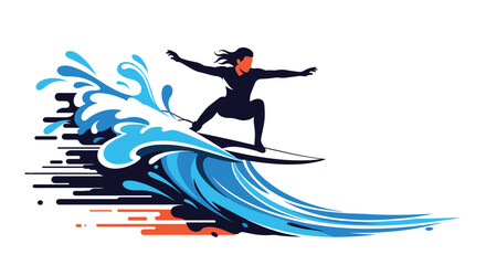 Dynamic vector illustration of a surfer silhouette riding a large stylized blue ocean wave for an extreme water sports logo.