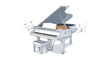 Elegant hand-drawn illustration of a white grand piano with the lid open playing music with notes floating in the air.