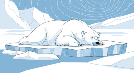 Line art illustration of a large polar bear sleeping peacefully on a floating ice floe in the cold arctic environment.