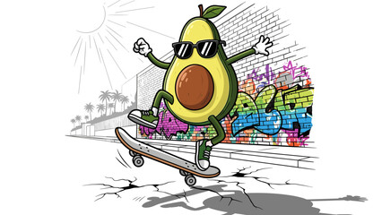 Naklejka premium Cartoon avocado on skateboard performing tricks by graffiti wall