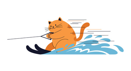 Funny cartoon illustration of a chubby ginger cat having fun while water skiing across blue waves on a summer vacation.