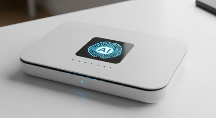 White box device with glowing AI brain chip icon on a screen. Artificial intelligence concept for neural networks and machine learning.
