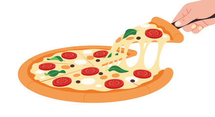 Hand lifting a hot slice of margherita pizza with stringy melted cheese from the whole pie on a white background.