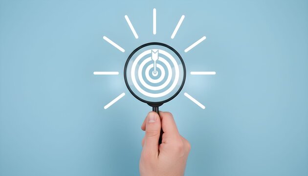 A hand holding a magnifying glass over a target, symbolizing focus and precision in achieving goals.