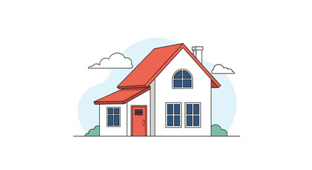 Simple line art illustration of a cozy suburban house with a red roof and chimney on a clean white background design.