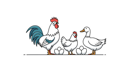 Cartoon illustration of farm birds including a rooster a hen and a duck with fresh eggs on a clean white background.
