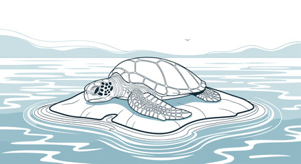 Beautiful line art illustration of a sea turtle resting on a small island in the calm ocean water with distant hills.