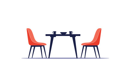 Minimalist modern interior design concept with a simple black table and two red chairs on a clean white background.