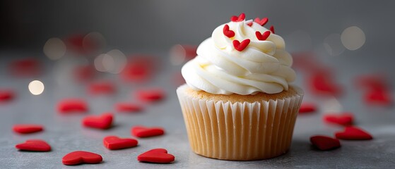 Delicious valentines day cupcake decorated with red hearts set against a blurred background for elegant presentation and copy space