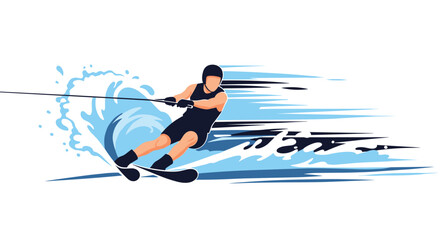 Dynamic vector illustration of a man water skiing at high speed creating a large splash on a clean white background design.