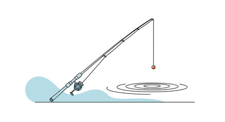 Minimalist line art illustration of a fishing rod cast into calm water with ripples forming around the bait or bobber.