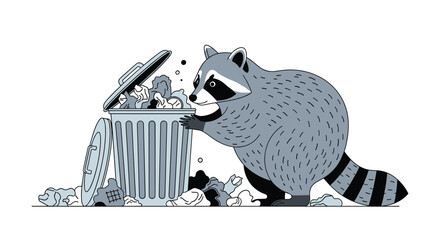 Curious and chubby raccoon digging through a full metal trash can looking for food scraps on a clean white background.