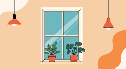 Cozy room interior scene with two green potted plants sitting on a windowsill between two hanging lamps with orange shades.