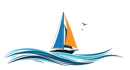 Sailboat with blue and orange sails navigating stylized ocean waves with seagulls flying on a clean white background.