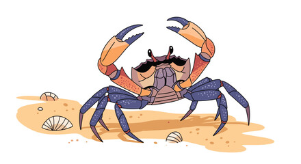 Colorful cartoon crab with large claws and a mustache standing on a sandy beach with shells on a white background.