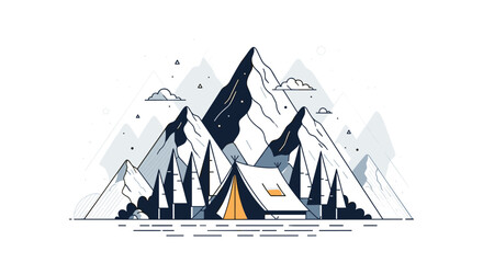 Striking line art landscape of a campsite with a tent in a pine forest below sharp mountain peaks on white background.