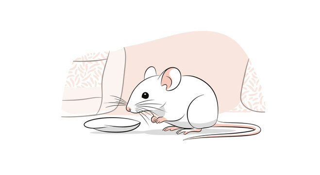 Cute cartoon drawing of a small white mouse or lab rat eating from a little bowl on a simple pastel background.