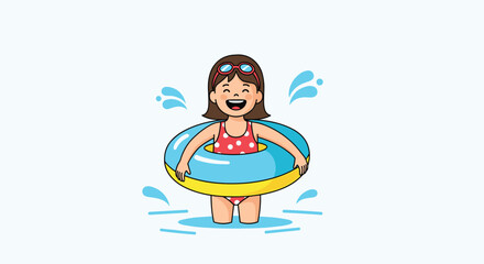 Happy young girl in a swimsuit and goggles laughing while playing in the water with a blue and yellow inflatable ring.