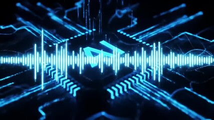 Glowing blue ai chip circuit board with data streams and digital connections , AI chip with blue glowing circuit data streams, Futuristic neural processing powering digital intelligence. - Powered by Adobe