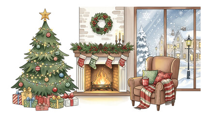 Cozy Christmas scene featuring decorated Christmas tree and fireplace with burning fire creates festive atmosphere. Cozy Christmas scene, gifts, and stockings enhance hearth and home spirit.