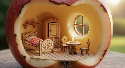 Miniature cozy dwelling carved inside a hollowed-out piece of fruit