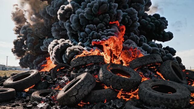 Environmental disaster with burning car tires. Burning tire pile release massive plumes of toxic smoke. Environmental pollution, industrial waste and garbage dumps, fire hazard, crisis concept