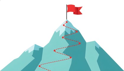 Mountain peak with flag and dotted path to the top.