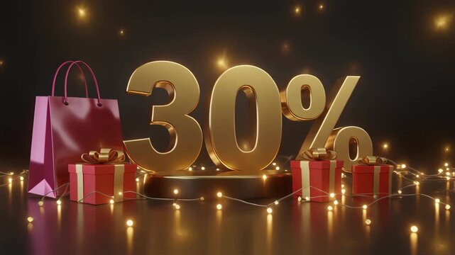 Thirty percent off golden sale announcement with gift boxes and shopping bag illuminated , Golden thirty percent off with festive gifts, Luxury sale glows in bright seasonal lights.