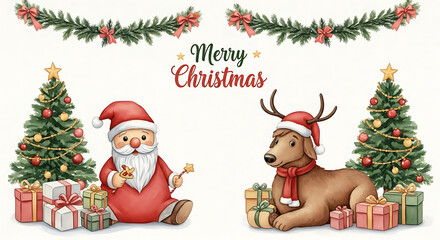 Merry Christmas greeting featuring Santa Claus and a dog dressed as reindeer, creating festive cheer. Merry Christmas elements, including decorated trees and wrapped presents, enhance holiday spirit.