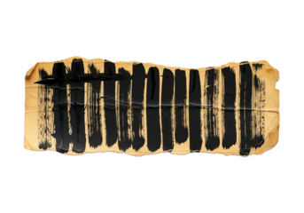 Abstract textured brush stroke art with vertical black paint lines on a rough textured paper surface isolated on transparent background