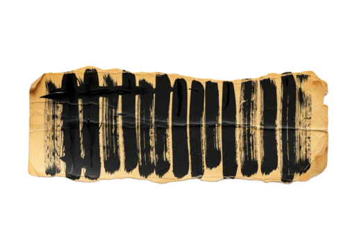 Abstract textured brush stroke art with vertical black paint lines on a rough textured paper surface isolated on transparent background