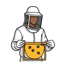 Beekeeper in protective suit holding a honeycomb frame vector illustration typography t shirt design