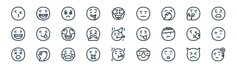 linear smiley icon pack. vector thin line icons collection such as angry, laugh, cry, thinking, vomit, doubt, party, thinking