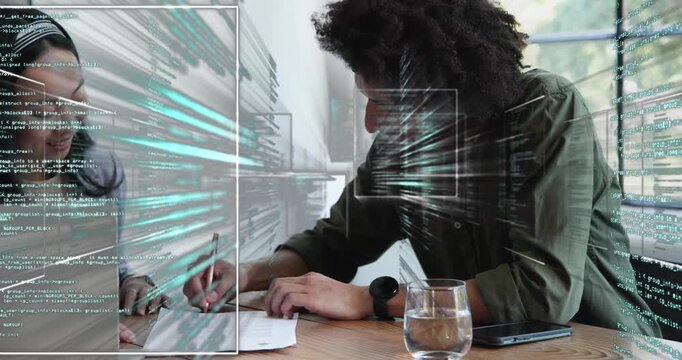 Right colleague offering pen signing business contract while left reviewing docs, HUD showing terms