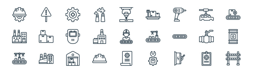 linear factory icon pack. vector thin line icons collection such as maintenance, warning, artificial intellegence, assembling, factory, oil barrel, maintenance, barrier