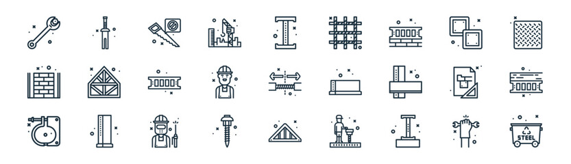 Fototapeta premium linear steelwork icon pack. vector thin line icons collection such as glove, nail, saw, plate, worker, wood, roof, bin