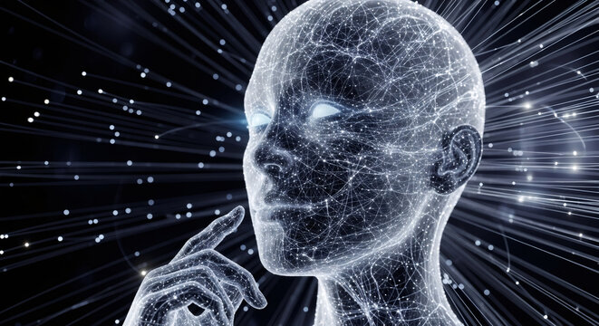 Digital female head made of connected lines and dots. Artificial intelligence and machine learning concept, for technology and science.