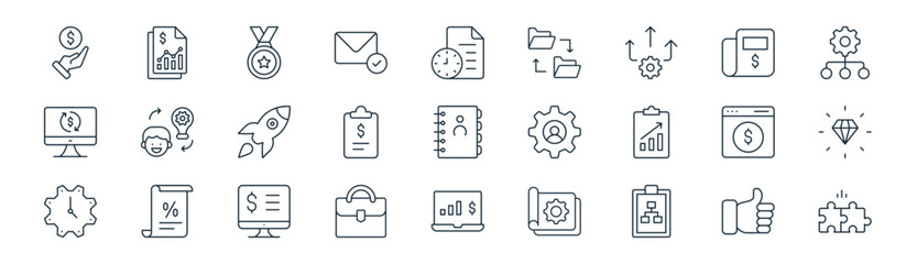 linear business icon pack. vector thin line icons collection such as like, report, badge, newspaper, clipboard, premium quality, chart, solution