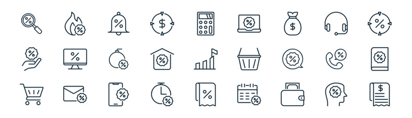 linear sales icon pack. vector thin line icons collection such as think, hot sale, bell, call center, home, book, receipt, bill