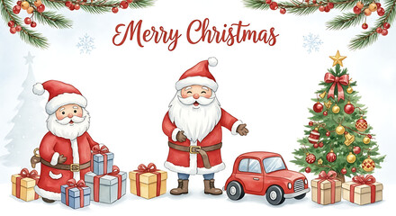 Merry Christmas illustration showing cheerful Santa Claus and gifts near Christmas tree. Merry Christmas holiday illustration depicts seasonal joy and festive decorations,