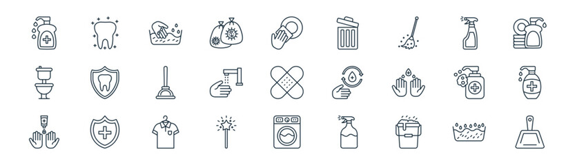 linear hygiene icon pack. vector thin line icons collection such as laundry, tooth, washing clothes, window cleaner, hand wash, soap, washing hine, dustpan