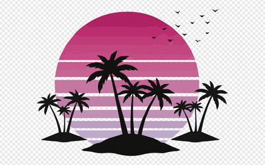 Fototapeta premium Dreamy tropical island silhouette with retro sunset and birds, perfect for vacation vibes, summer promotions, and travel designs that evoke paradise