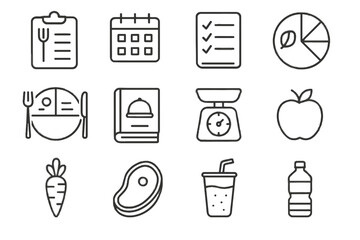 Icons book smoothie bottle water nutrition planning list vector grocery icon food