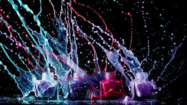 Vibrant nail polish bottles exploding with colorful liquid splashes in dynamic high speed motion, dramatic cosmetic paint eruption against dark background creating artistic beauty texture for premium 