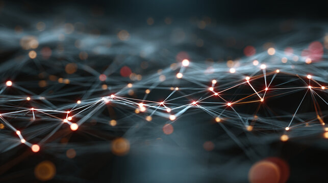 An intricate network of interconnected data points, glowing with light, representing connectivity and the digital world - Powered by Adobe