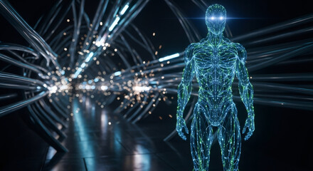 Virtual man with glowing eyes and intricate wiring. Artificial intelligence and digital neural network concept. Data visualization for technology.