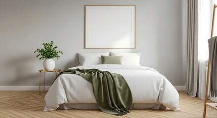 Elegant bedroom interior with blank frame above bed neutral color palette and natural light perfect for mockup or design presentation