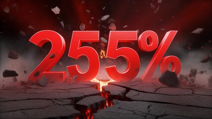 Dramatic red 255 percent number exploding with debris and lava cracks on a dark , Red percent sale erupts from a cracked molten ground, Fiery explosion reveals a bold dramatic discount. - Powered by Adobe